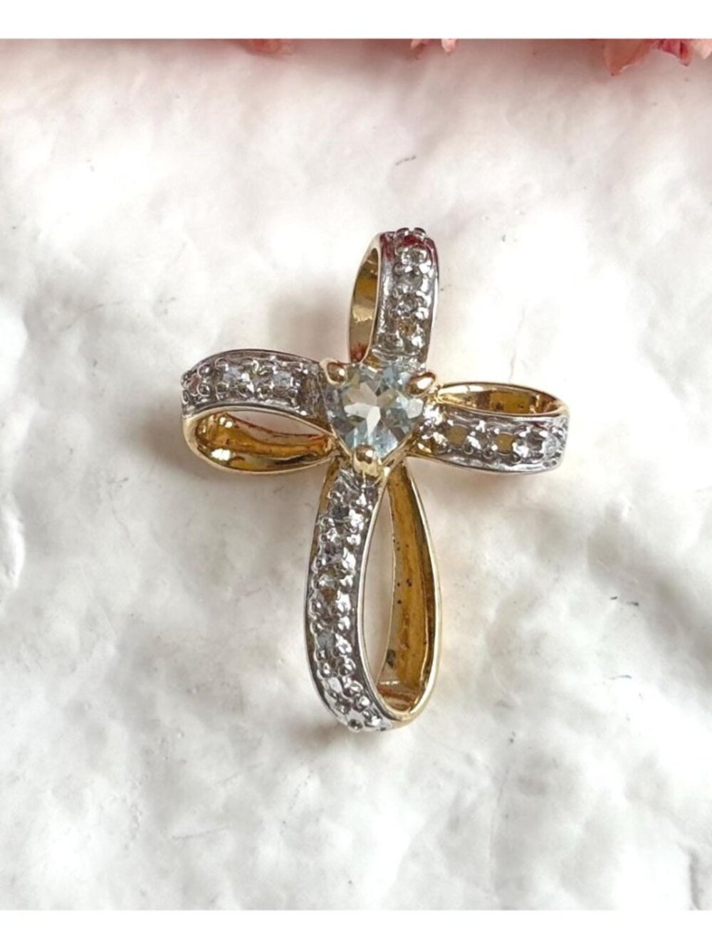 Cross Shaped Dual Toned Aquamarine Gemstone Sterling Silver 925 Vintage Pendant
